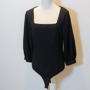 NWT GIANNI BINI Sz XL BLACK SQUARE NECK BALLOON SLEEVE THONG SNAP BODYSUIT TOP